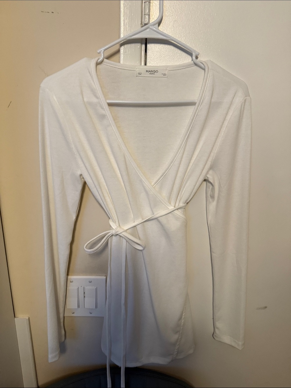 Mango White Wrap-Front Long Sleeve Top with Side Tie